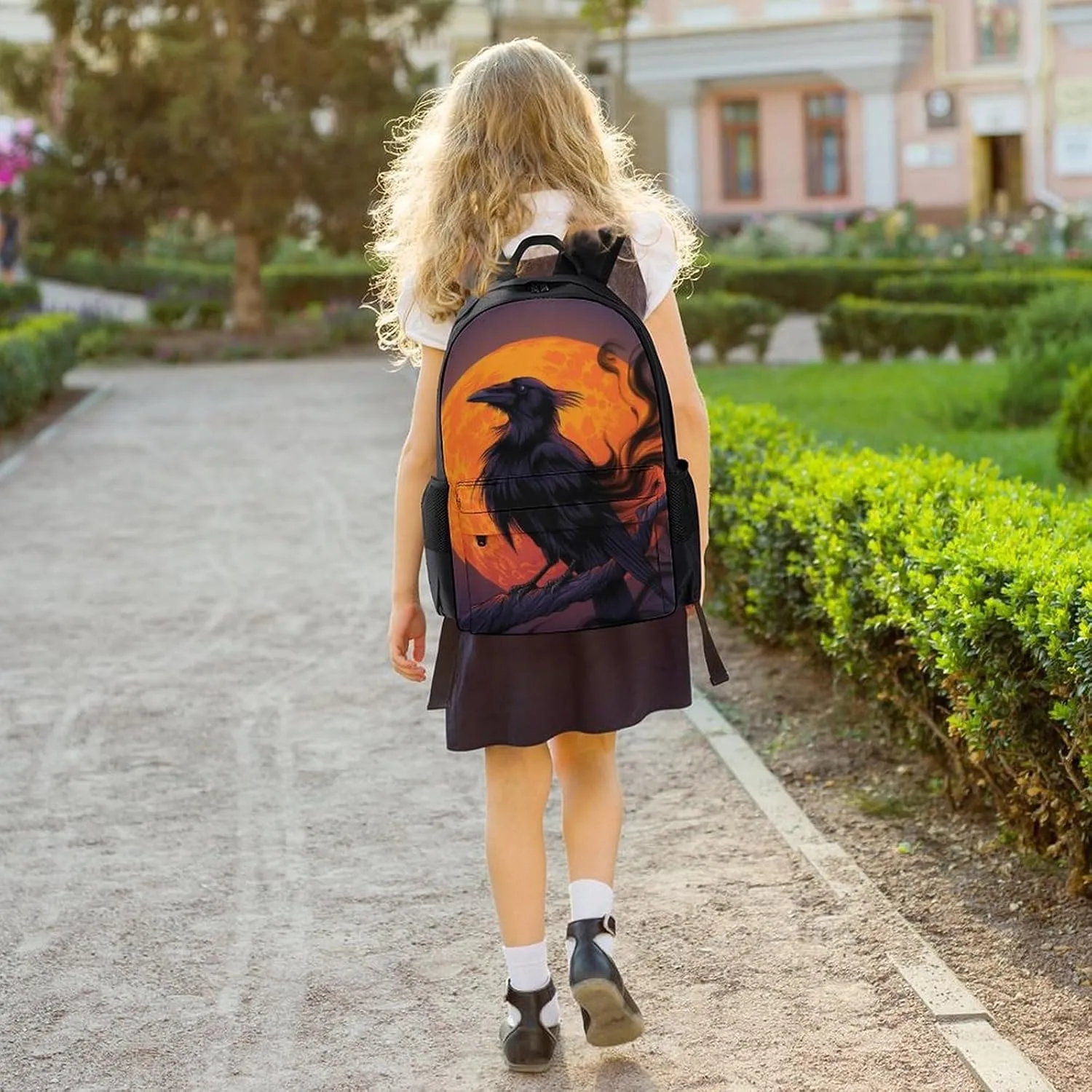 Adults Lightweight Halloween Raven Moon Dark Night Art Rucksacks Large Capacity Bookbag With Adjustable Shoulder Straps for Trekking Outdoors Bicycle