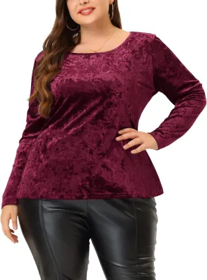 Agnes Orinda Plus Size Velvet Top for Women Tops Crew Neck Long Sleeve Casual T-Shirt 2023