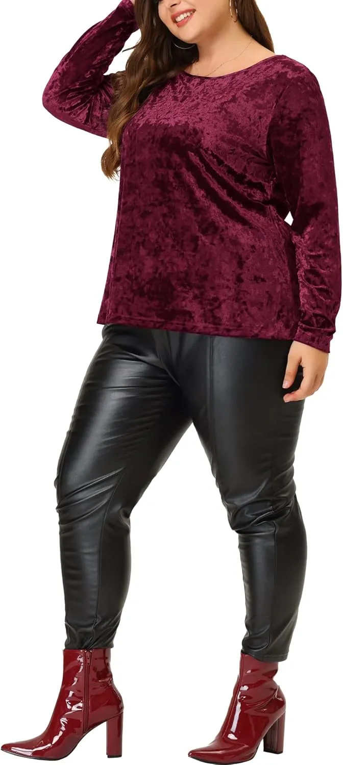 Agnes Orinda Plus Size Velvet Top for Women Tops Crew Neck Long Sleeve Casual T-Shirt 2023