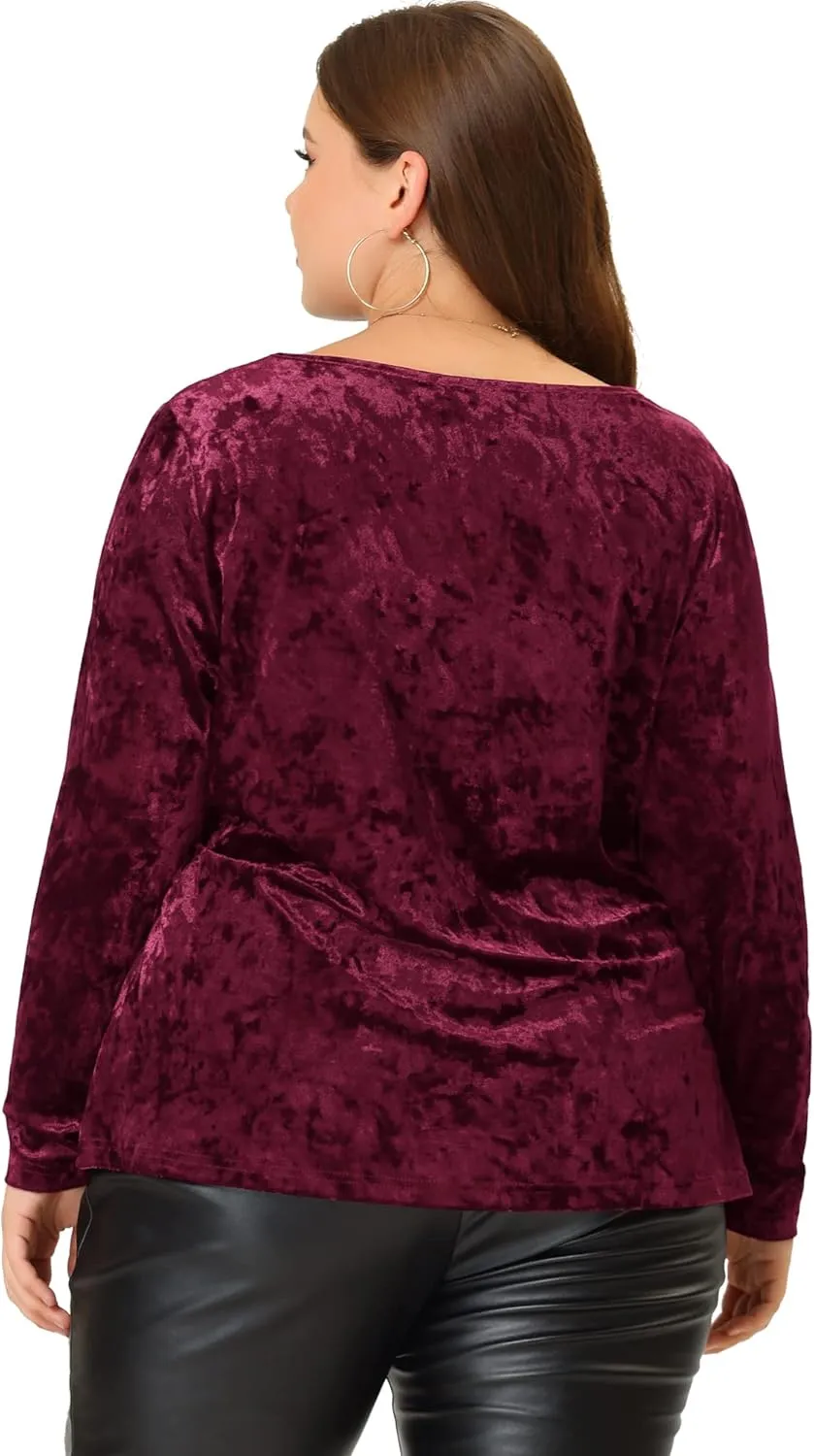 Agnes Orinda Plus Size Velvet Top for Women Tops Crew Neck Long Sleeve Casual T-Shirt 2023