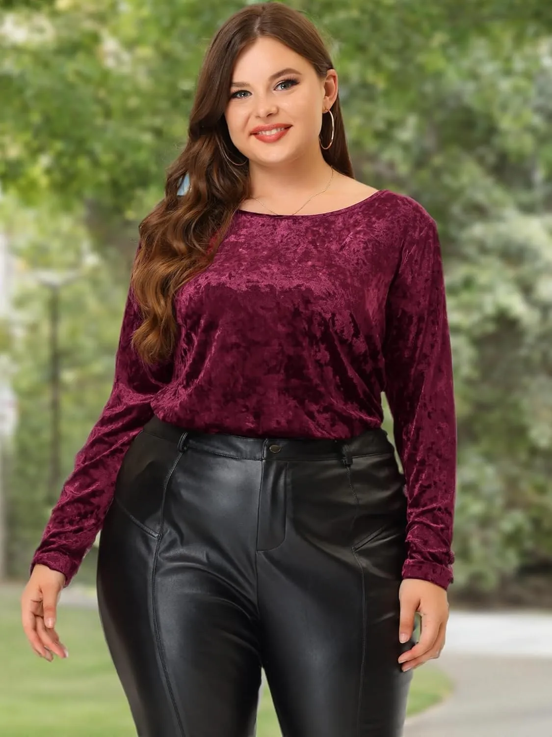 Agnes Orinda Plus Size Velvet Top for Women Tops Crew Neck Long Sleeve Casual T-Shirt 2023
