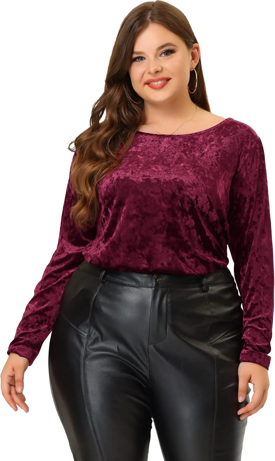 Agnes Orinda Plus Size Velvet Top for Women Tops Crew Neck Long Sleeve Casual T-Shirt 2023