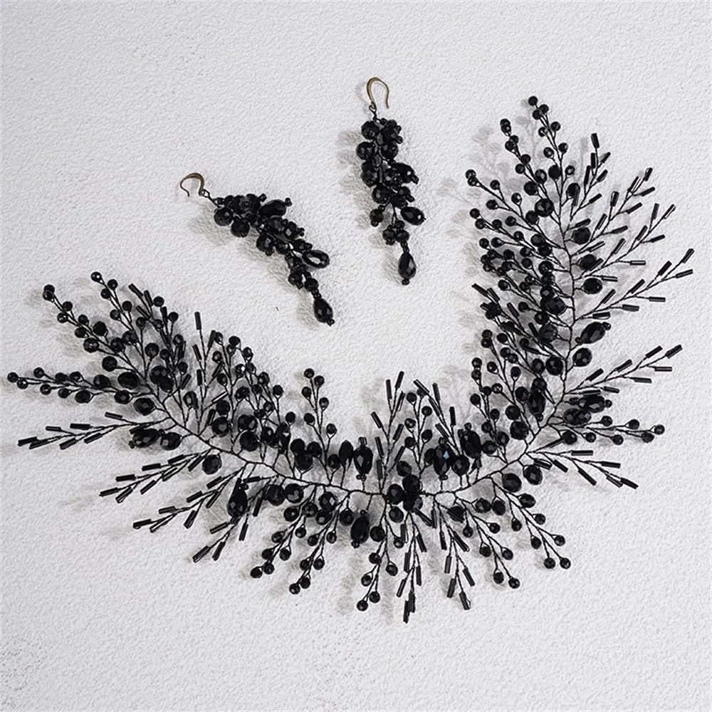 Aimimier Bridal Crystal Hairband Long Hair Vine Crystal Beaded Headband Wedding Prom Party Festival Fashion Hair Accessory for Women (Black)