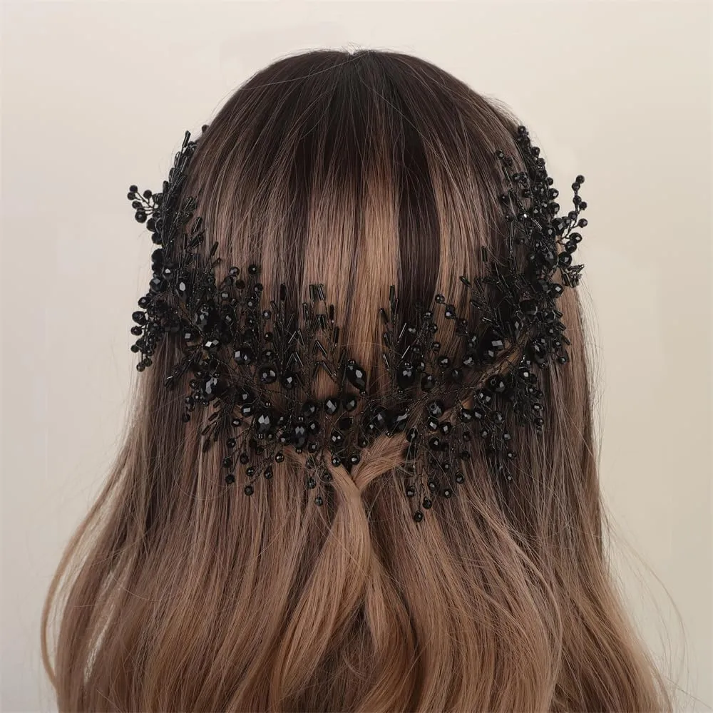 Aimimier Bridal Crystal Hairband Long Hair Vine Crystal Beaded Headband Wedding Prom Party Festival Fashion Hair Accessory for Women (Black)