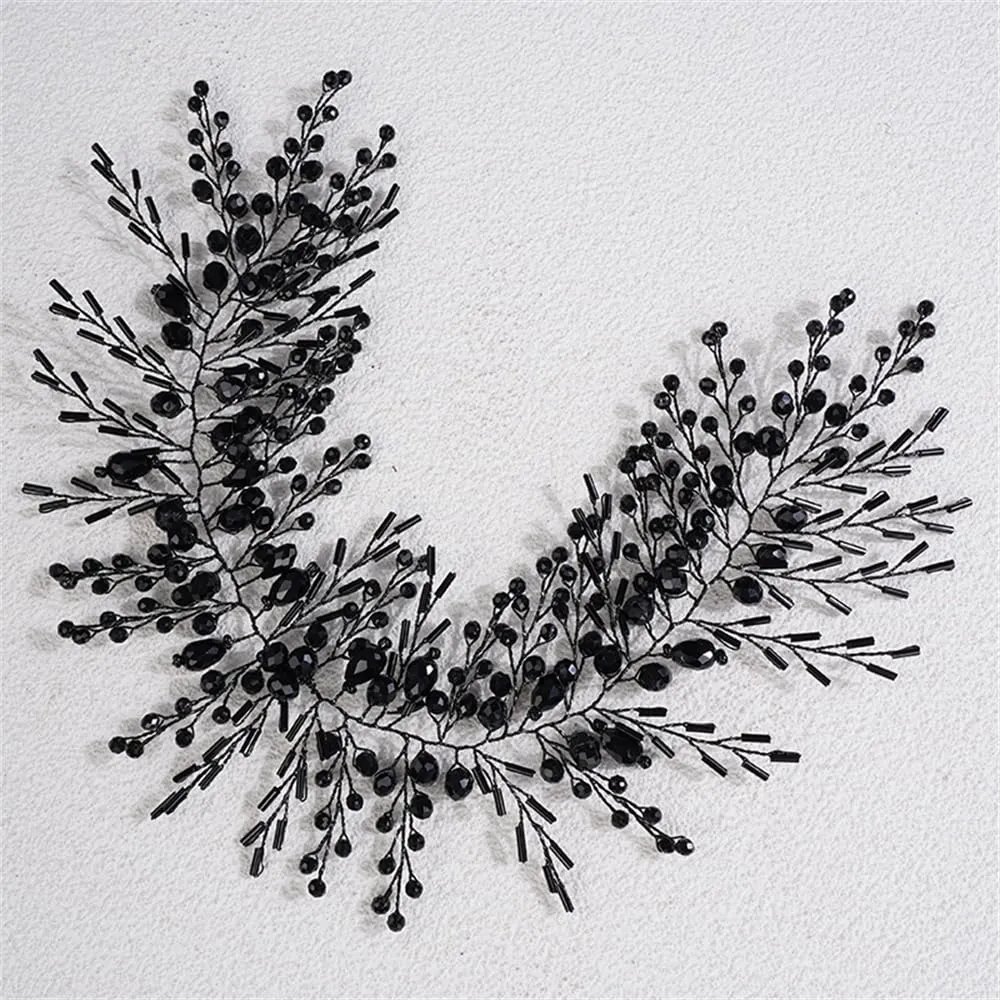 Aimimier Bridal Crystal Hairband Long Hair Vine Crystal Beaded Headband Wedding Prom Party Festival Fashion Hair Accessory for Women (Black)