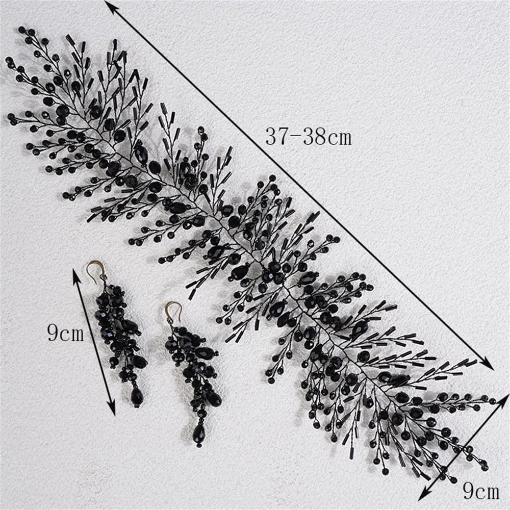 Aimimier Bridal Crystal Hairband Long Hair Vine Crystal Beaded Headband Wedding Prom Party Festival Fashion Hair Accessory for Women (Black)