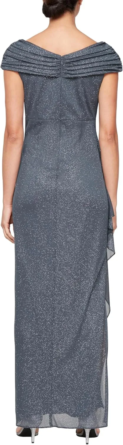 Alex Evenings Women's Long L-Neck Glitter Mesh Mother of The Bride Dress with Ruched Neckline (Petite and Regular Sizes)
