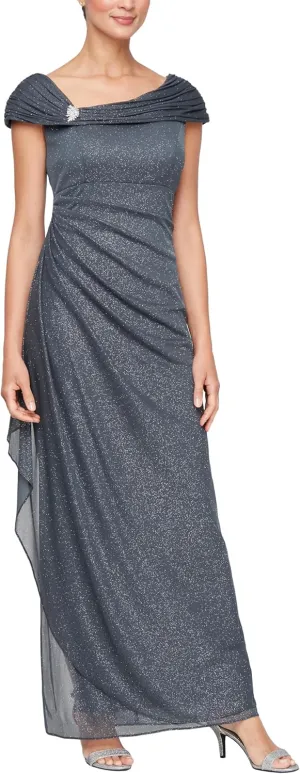 Alex Evenings Women's Long L-Neck Glitter Mesh Mother of The Bride Dress with Ruched Neckline (Petite and Regular Sizes)