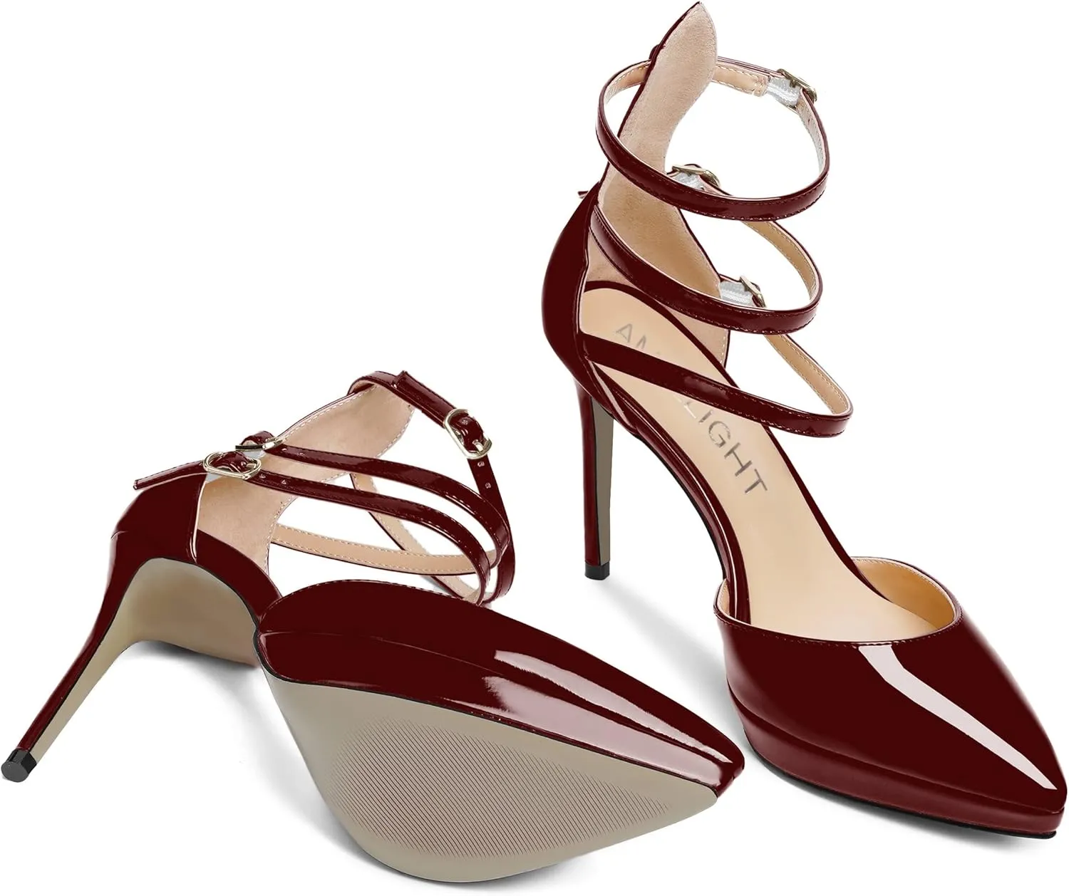 AMBELIGHT Womens Evening Patent Ankle Strap Dress Heels Buckle Pointed Toe Platform Stiletto High Heel Pumps Shoes 4 Inch