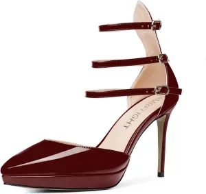 AMBELIGHT Womens Evening Patent Ankle Strap Dress Heels Buckle Pointed Toe Platform Stiletto High Heel Pumps Shoes 4 Inch