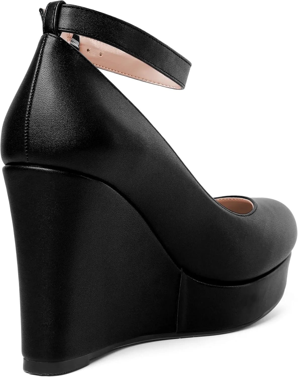 AMBELIGHT Womens Matte Solid Buckle Evening Dress Round Toe Platform Ankle Strap Wedge High Heel Pumps Shoes 4 Inch