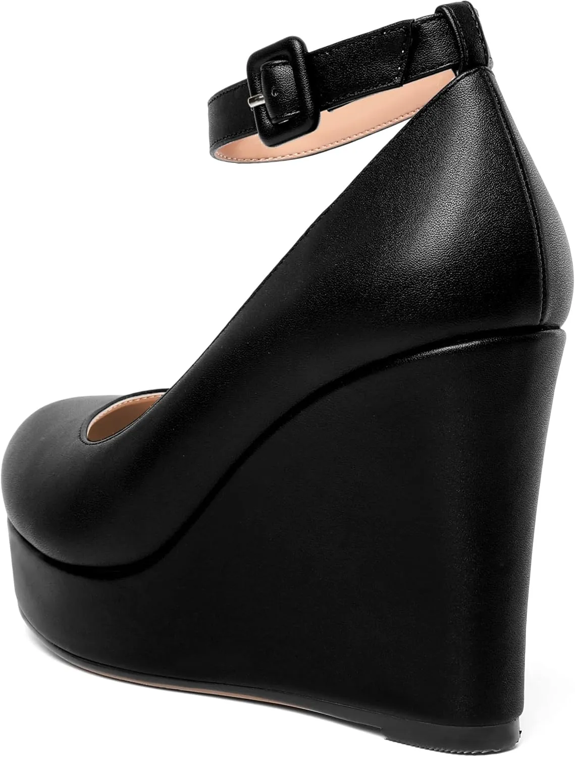 AMBELIGHT Womens Matte Solid Buckle Evening Dress Round Toe Platform Ankle Strap Wedge High Heel Pumps Shoes 4 Inch