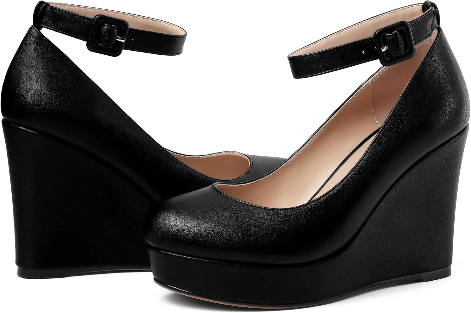 AMBELIGHT Womens Matte Solid Buckle Evening Dress Round Toe Platform Ankle Strap Wedge High Heel Pumps Shoes 4 Inch