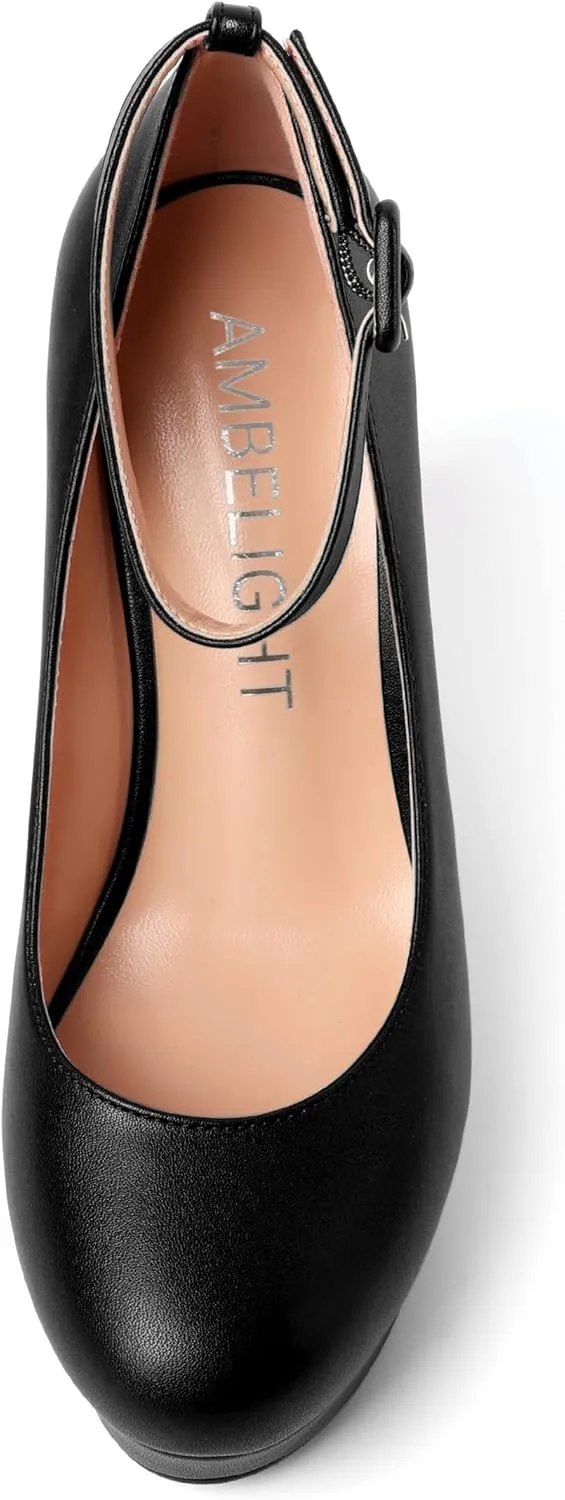 AMBELIGHT Womens Matte Solid Buckle Evening Dress Round Toe Platform Ankle Strap Wedge High Heel Pumps Shoes 4 Inch