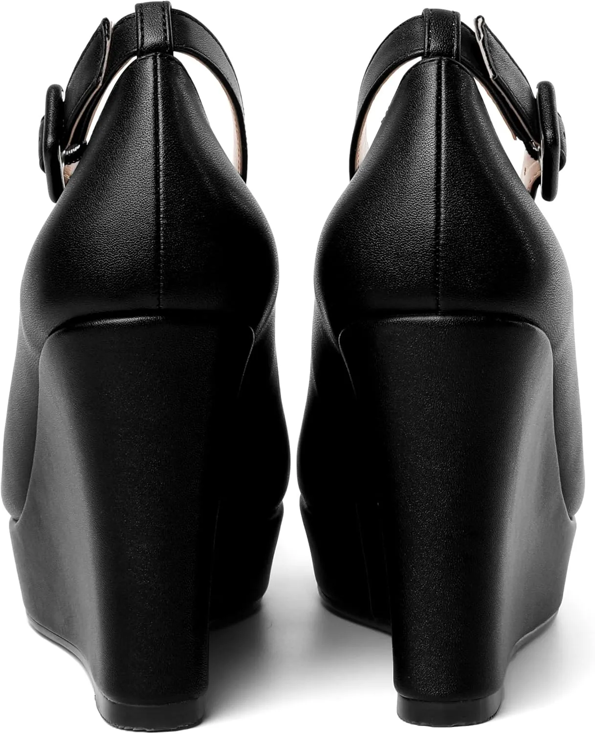 AMBELIGHT Womens Matte Solid Buckle Evening Dress Round Toe Platform Ankle Strap Wedge High Heel Pumps Shoes 4 Inch