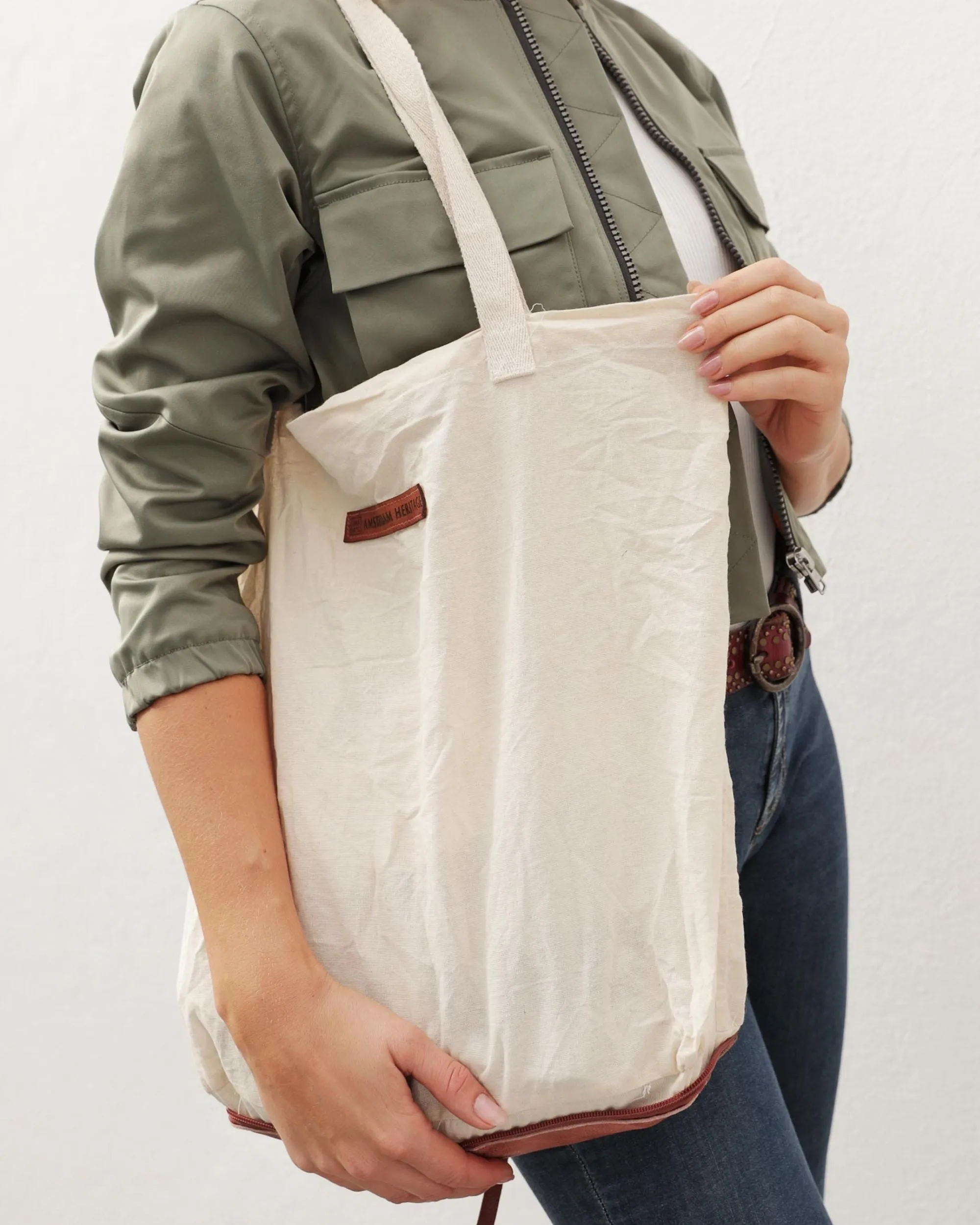 AMS | Leather Cotton Tote Shopping Bag