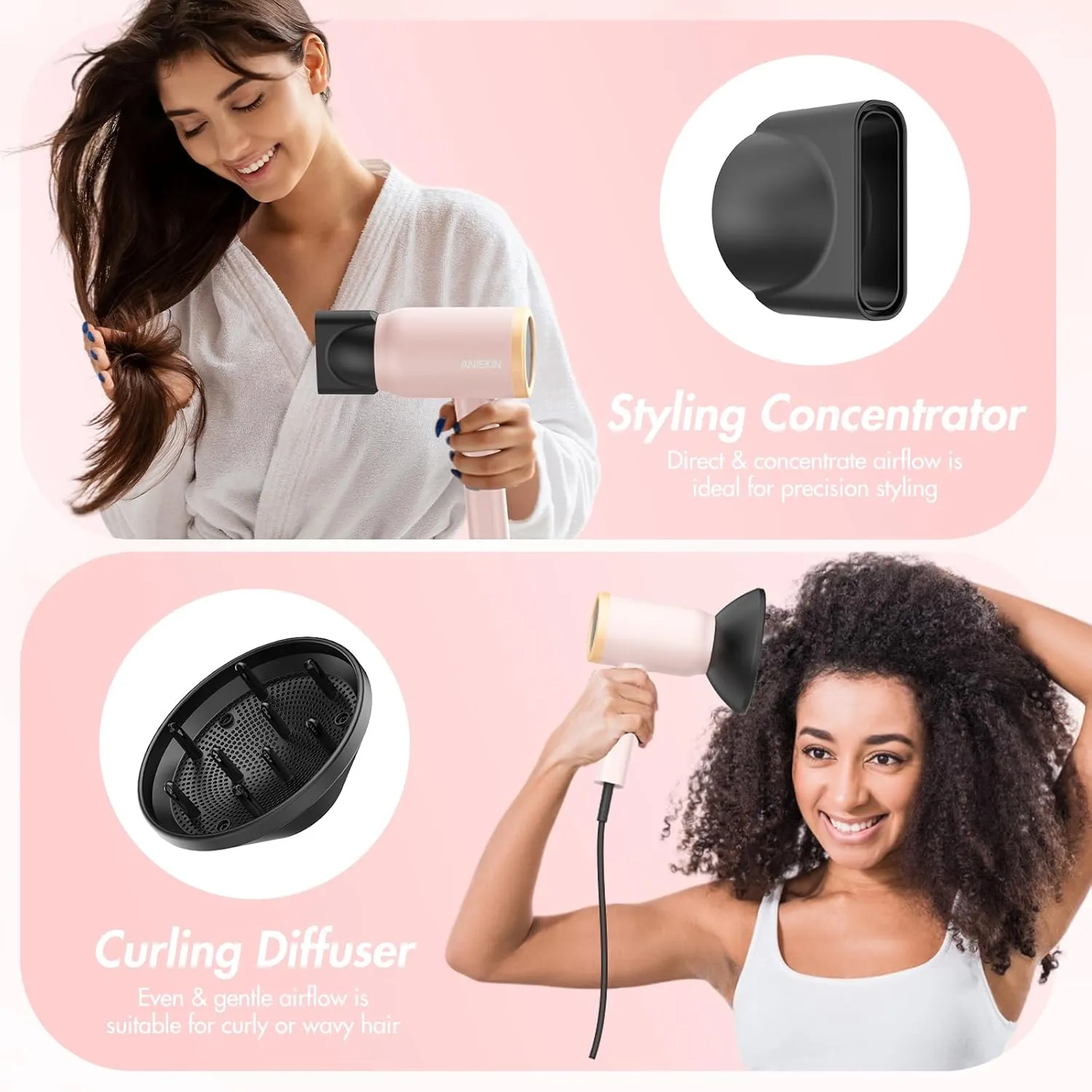 ANIEKIN Hair Dryer, 1875 Watts Fast Drying Blow Dryer with Diffuser and Concentrator, Compact Lightweight Hair Dryer for Women and Men