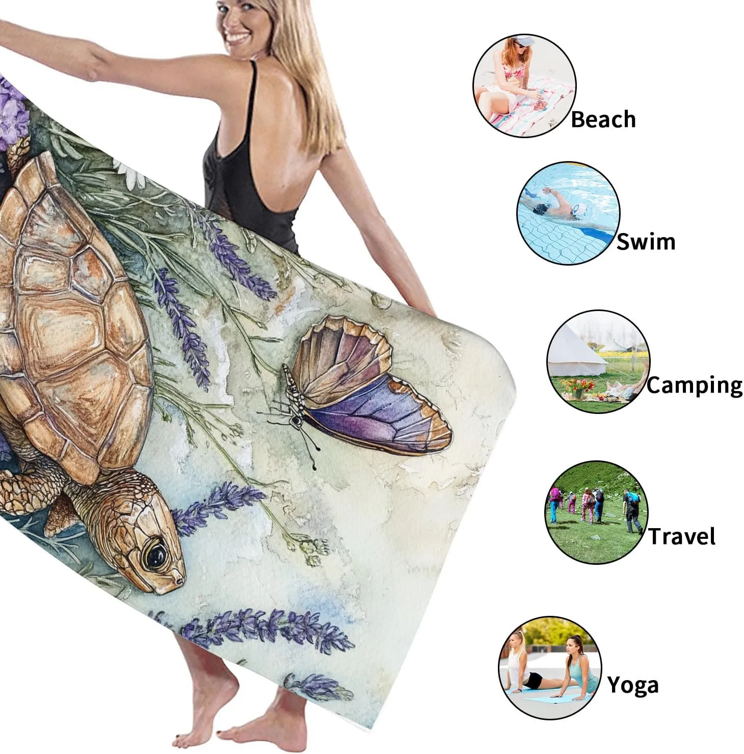 Artistic Sea Turtle Microfiber Beach Towel Blue Nature Design Quick Dry Absorbent Sand Free Soft Lightweight Pool Picnic Essentials 62x31 Inch