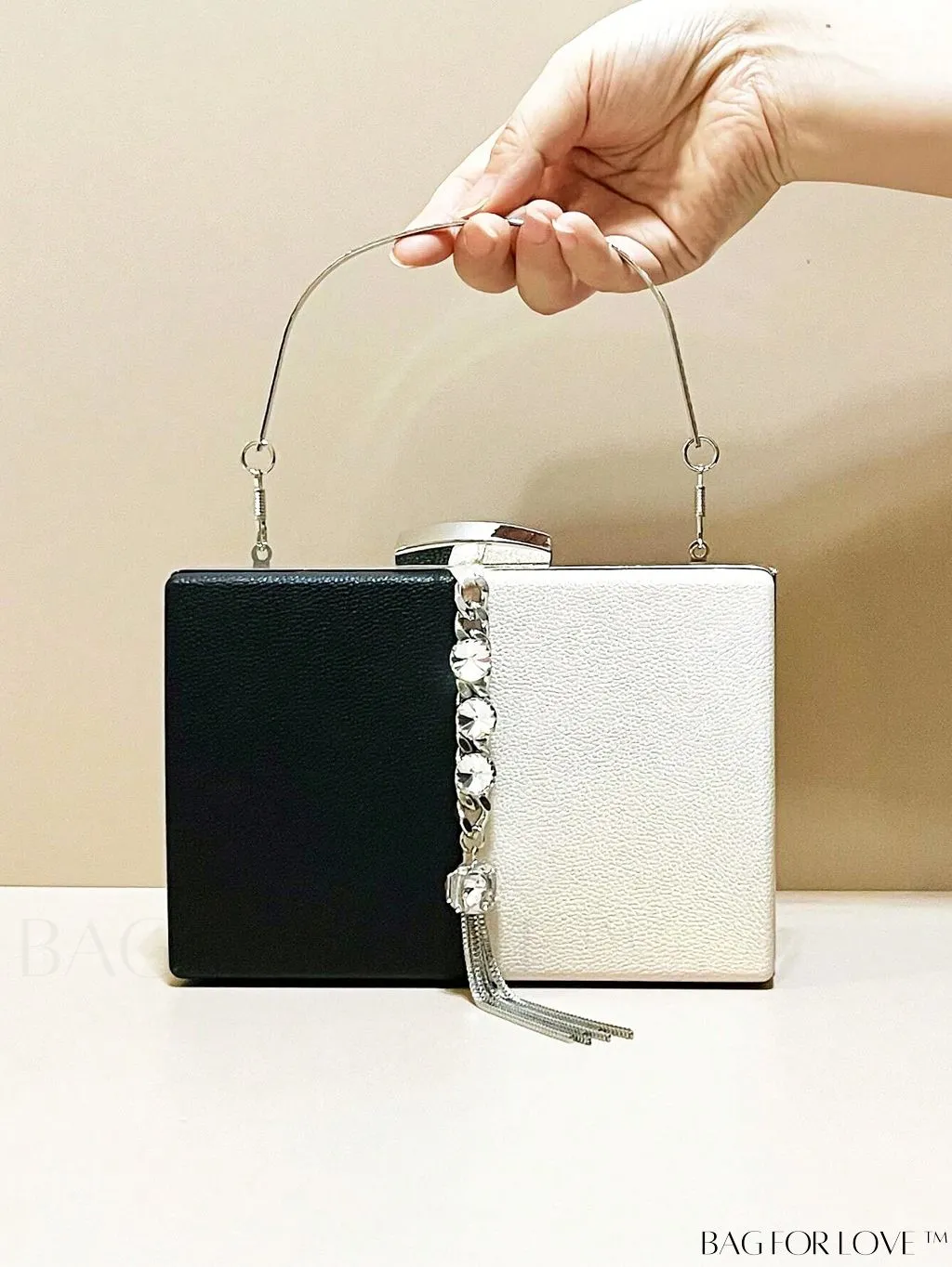 BagForLove - Chic Mini Box Bag: Elegant Rhinestone & Tassel Accents, Dual Tone PU