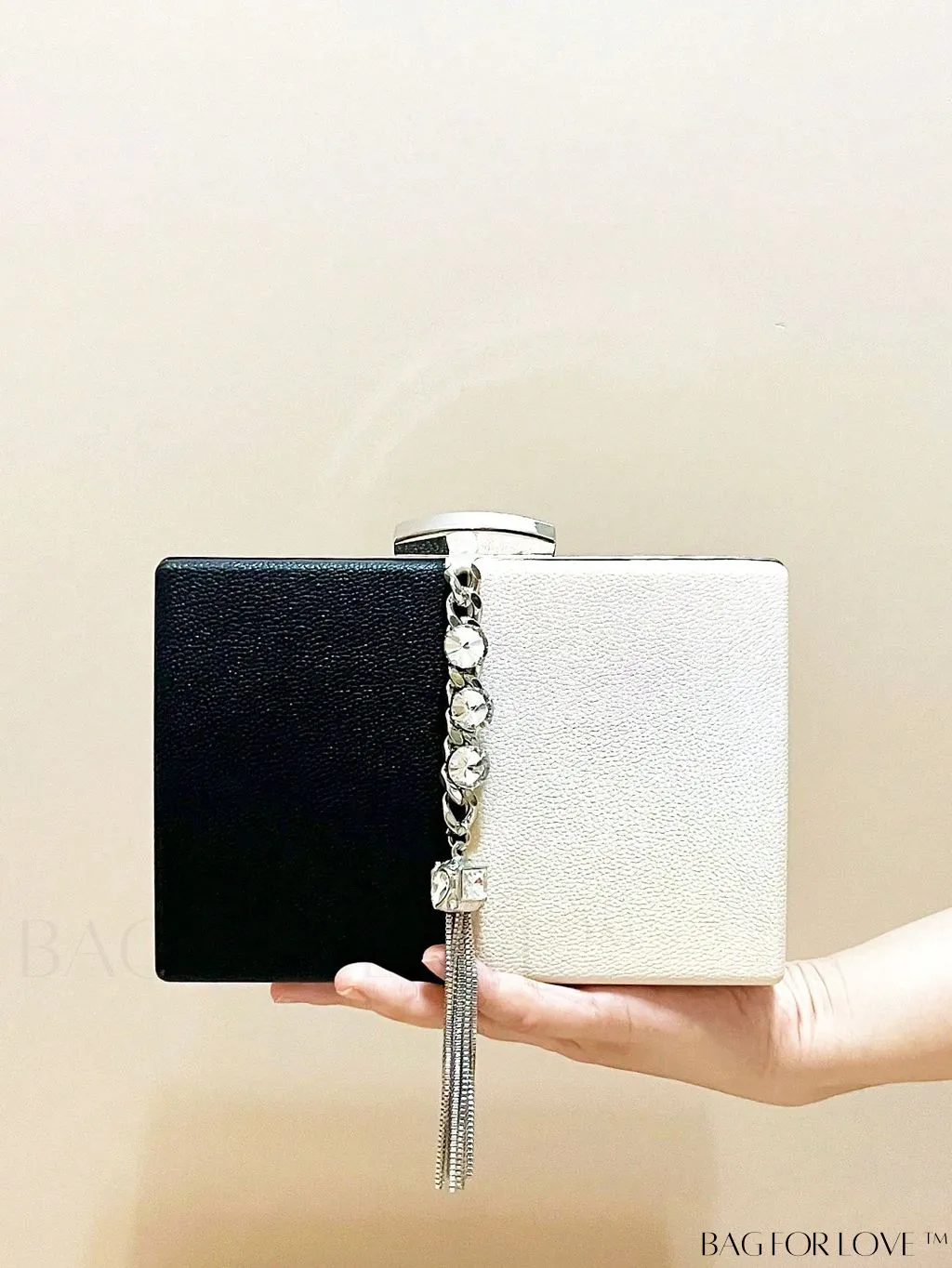 BagForLove - Chic Mini Box Bag: Elegant Rhinestone & Tassel Accents, Dual Tone PU