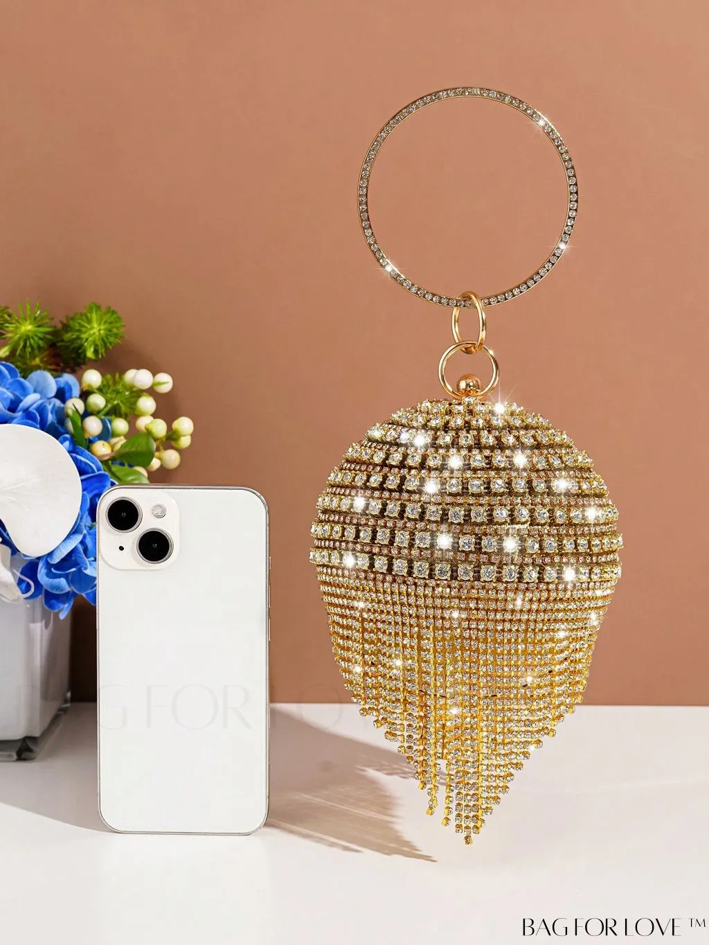 BagForLove - Chic Mini Rhinestone Circle Bag with Fringe Detail - Perfect for Glamorous Parties