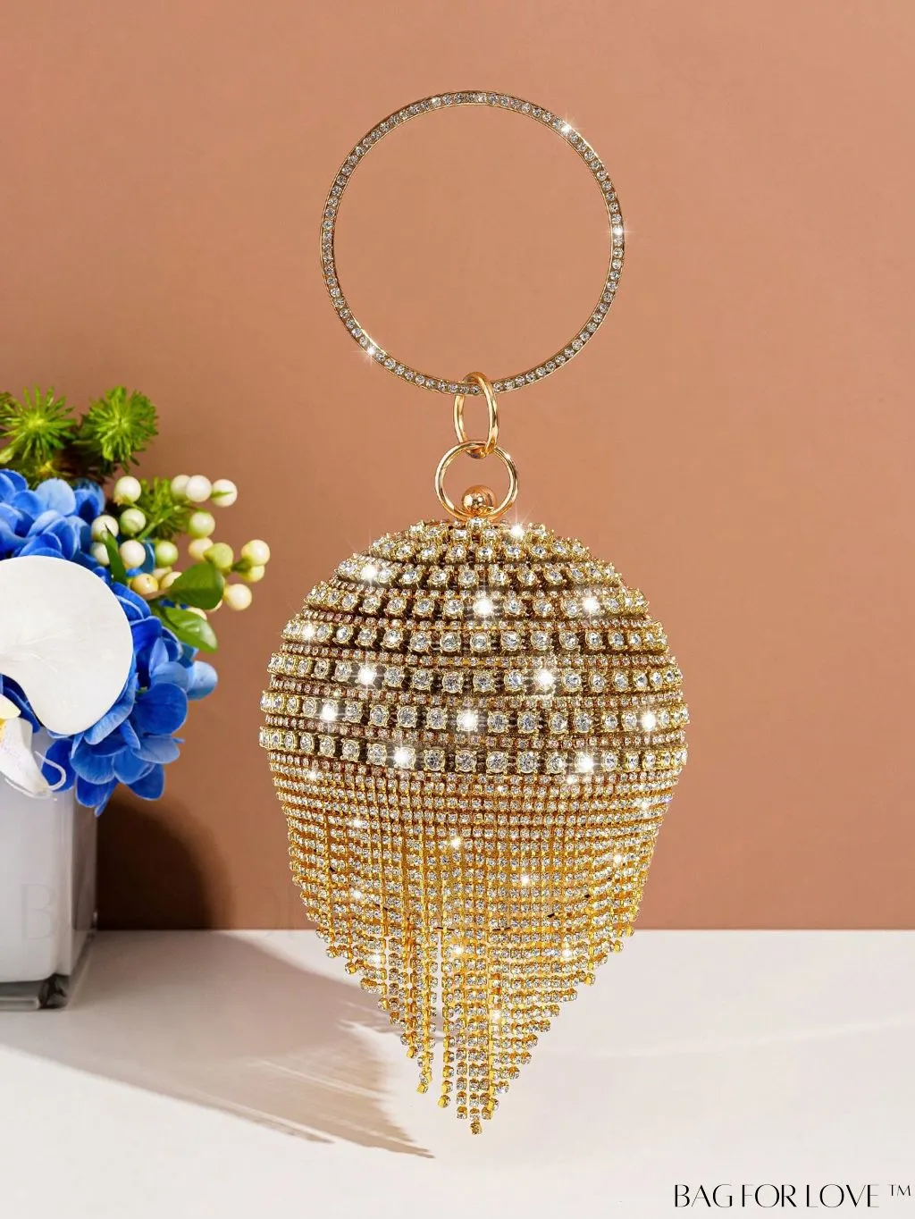 BagForLove - Chic Mini Rhinestone Circle Bag with Fringe Detail - Perfect for Glamorous Parties