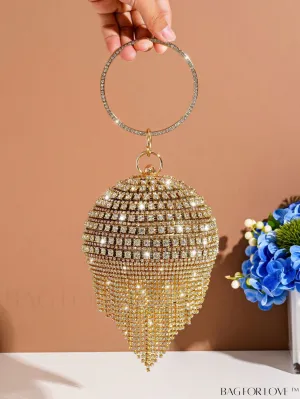 BagForLove - Chic Mini Rhinestone Circle Bag with Fringe Detail - Perfect for Glamorous Parties