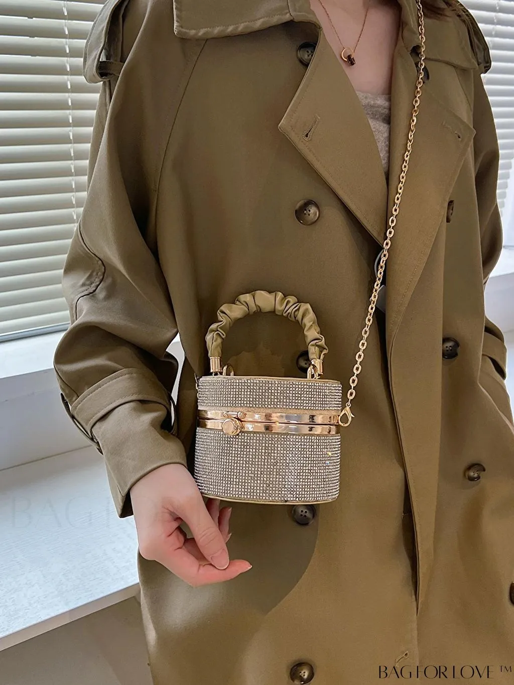 BagForLove - Chic Mini Rhinestone Embellished Bucket Bag - Stylish for Parties with Ruched Detail