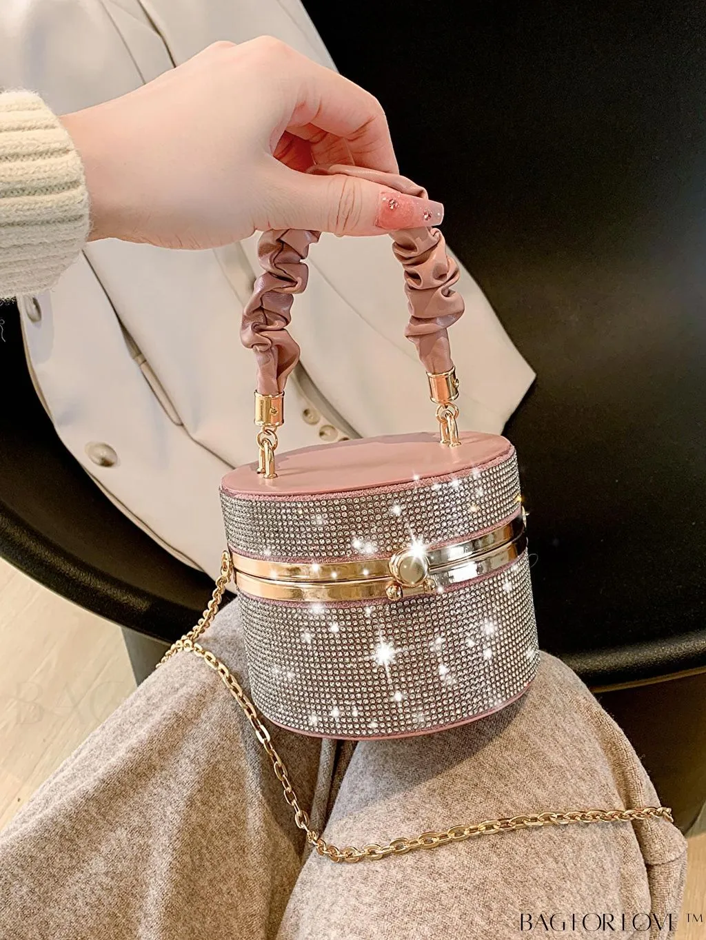 BagForLove - Chic Mini Rhinestone Embellished Bucket Bag - Stylish for Parties with Ruched Detail
