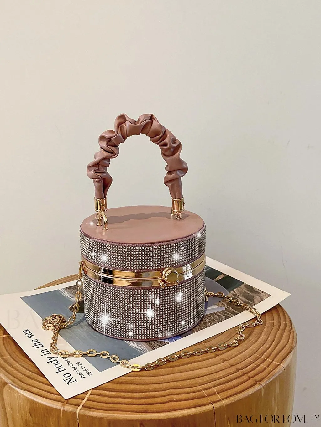 BagForLove - Chic Mini Rhinestone Embellished Bucket Bag - Stylish for Parties with Ruched Detail
