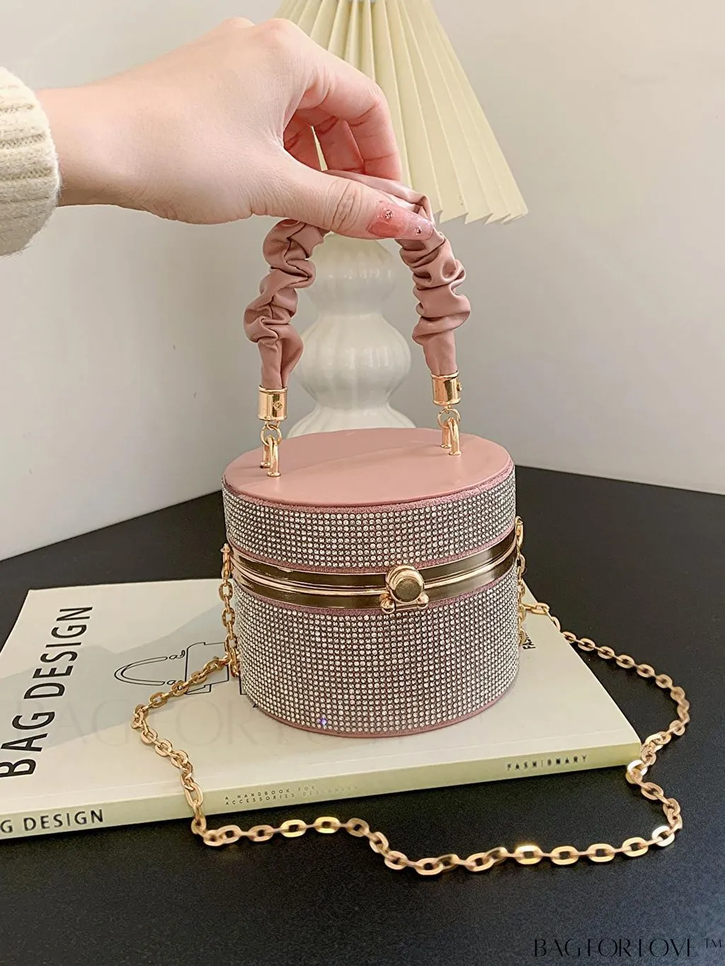 BagForLove - Chic Mini Rhinestone Embellished Bucket Bag - Stylish for Parties with Ruched Detail