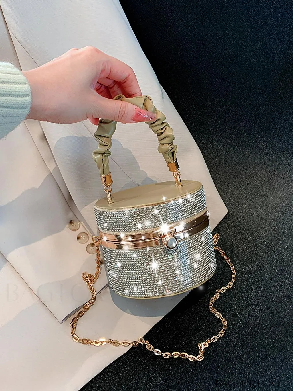BagForLove - Chic Mini Rhinestone Embellished Bucket Bag - Stylish for Parties with Ruched Detail