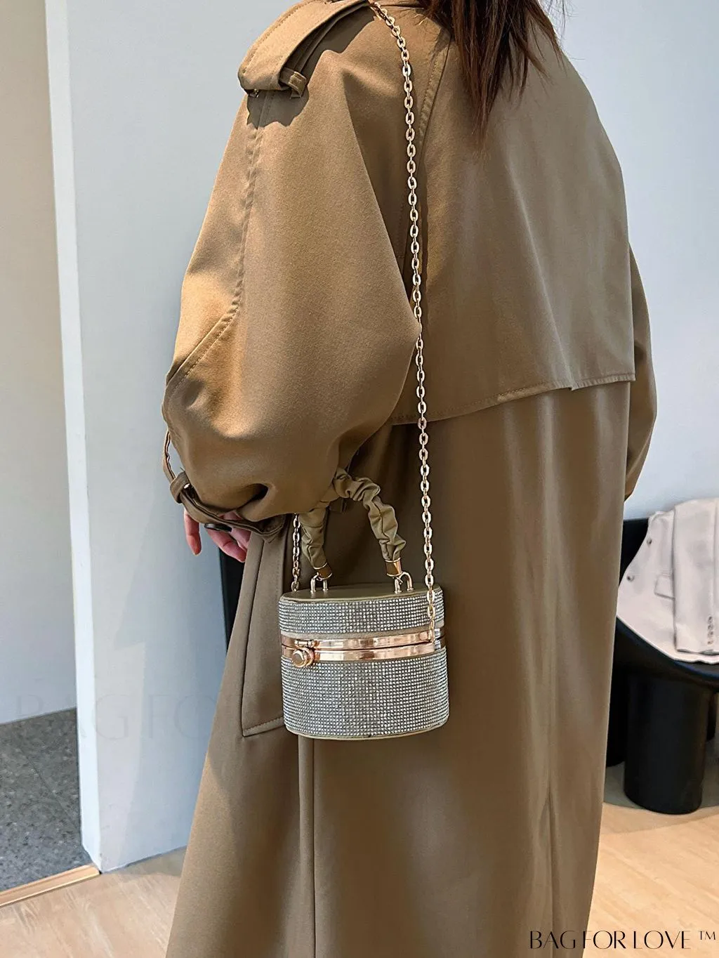 BagForLove - Chic Mini Rhinestone Embellished Bucket Bag - Stylish for Parties with Ruched Detail