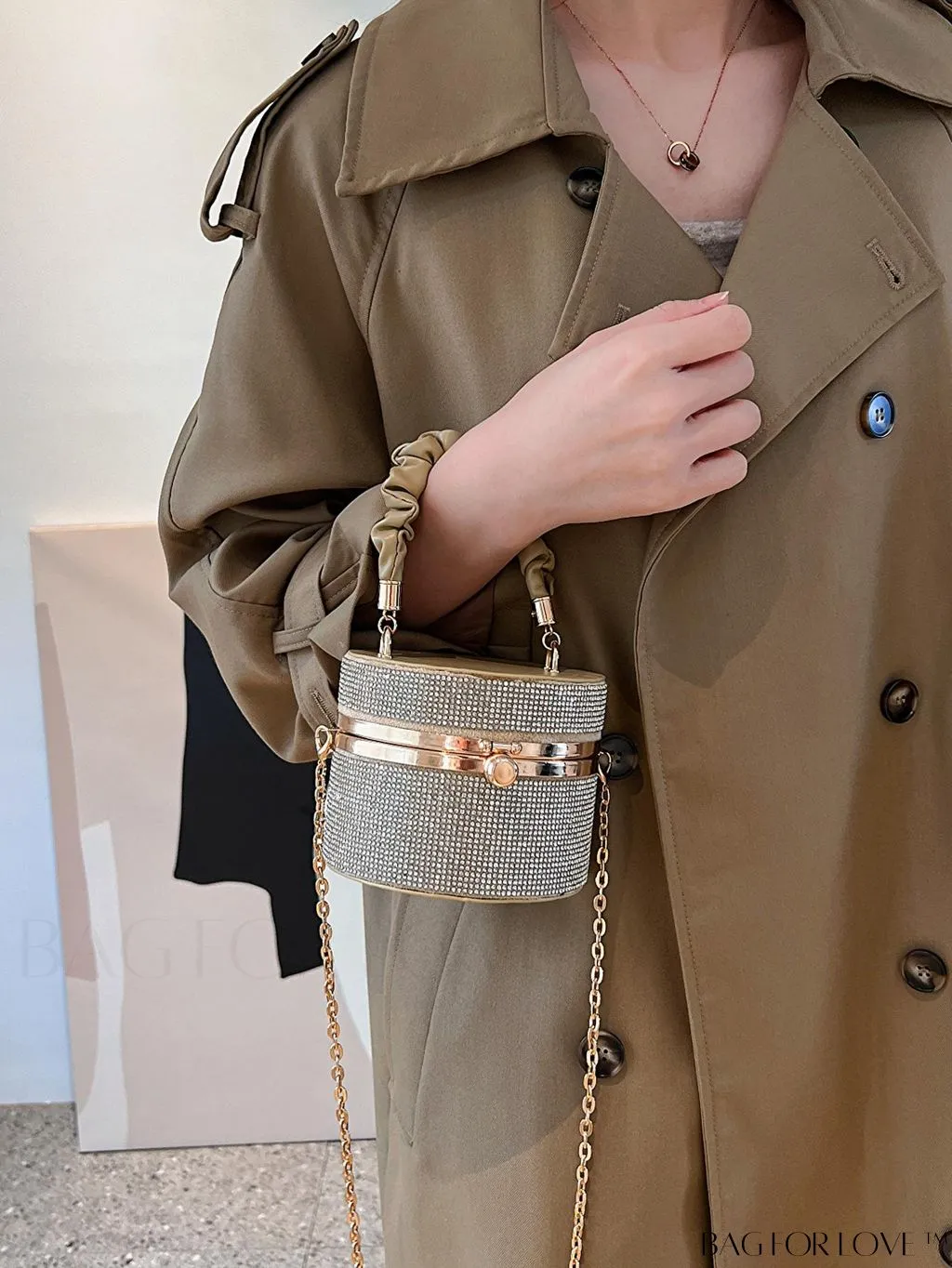 BagForLove - Chic Mini Rhinestone Embellished Bucket Bag - Stylish for Parties with Ruched Detail
