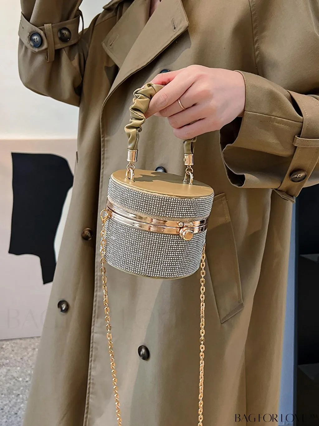BagForLove - Chic Mini Rhinestone Embellished Bucket Bag - Stylish for Parties with Ruched Detail