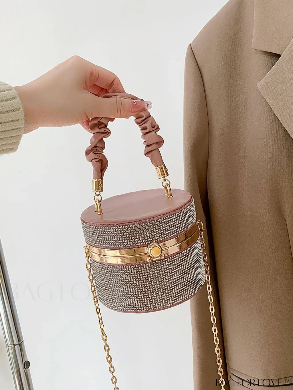 BagForLove - Chic Mini Rhinestone Embellished Bucket Bag - Stylish for Parties with Ruched Detail