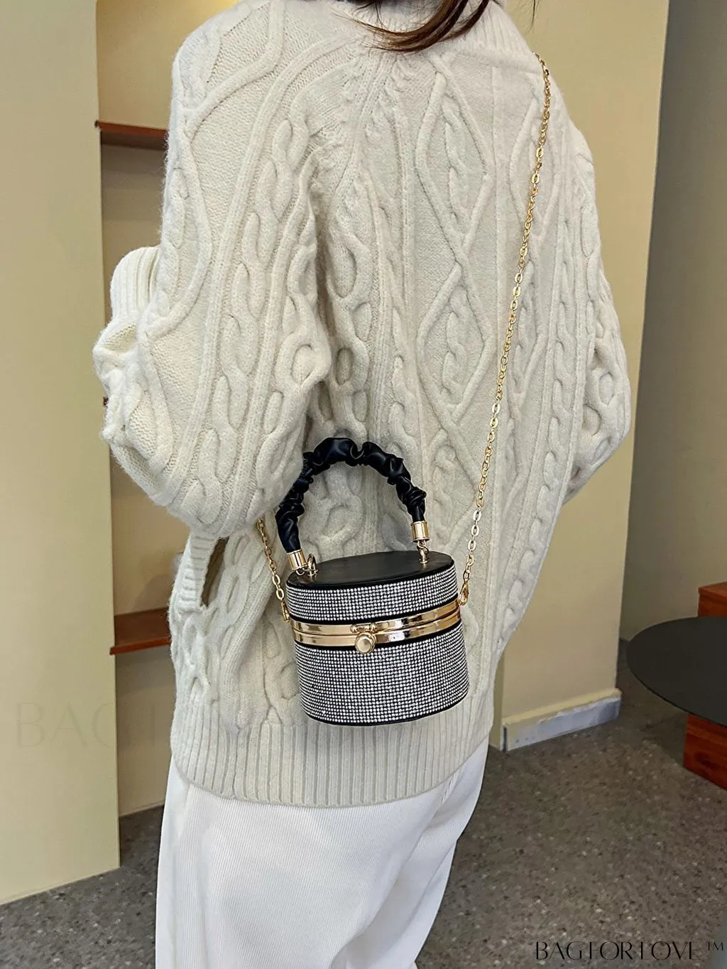 BagForLove - Chic Mini Rhinestone Embellished Bucket Bag - Stylish for Parties with Ruched Detail