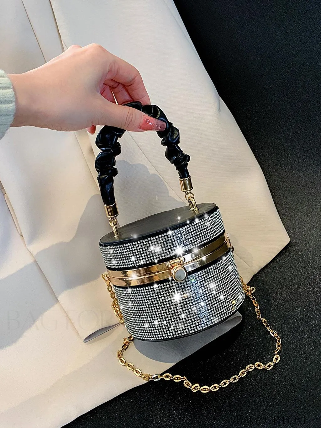 BagForLove - Chic Mini Rhinestone Embellished Bucket Bag - Stylish for Parties with Ruched Detail