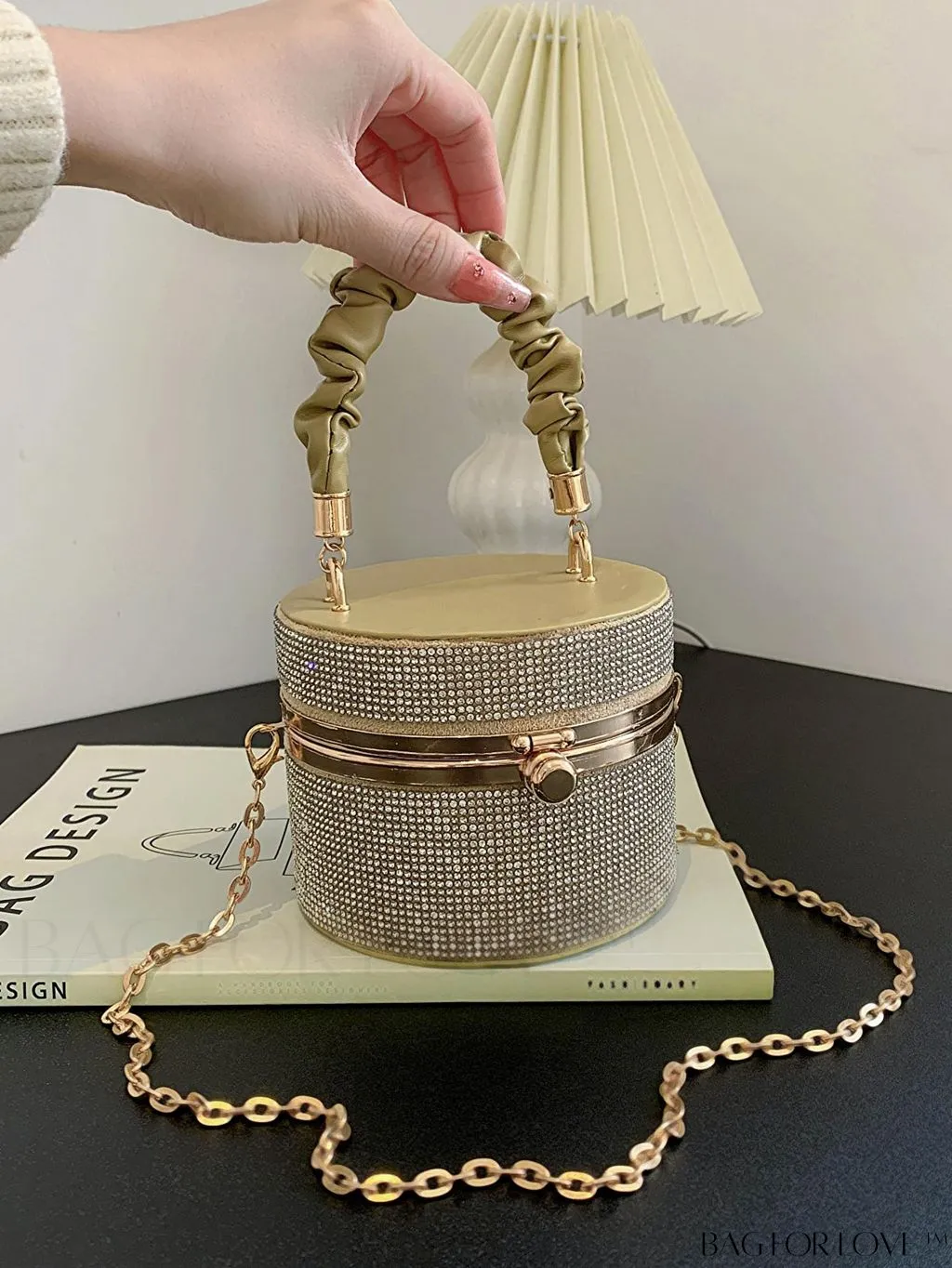 BagForLove - Chic Mini Rhinestone Embellished Bucket Bag - Stylish for Parties with Ruched Detail