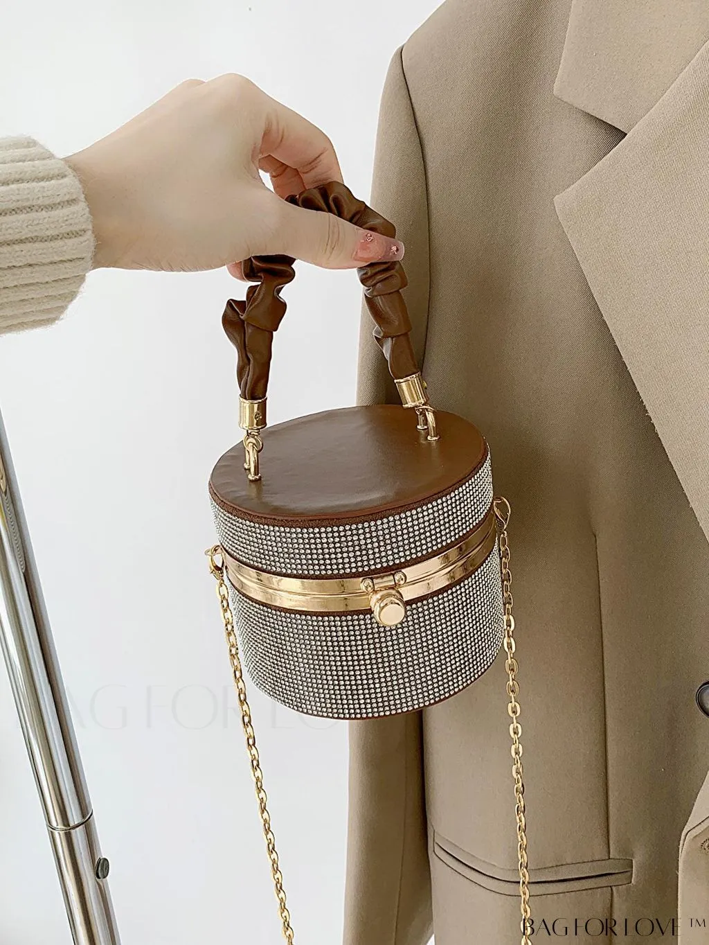 BagForLove - Chic Mini Rhinestone Embellished Bucket Bag - Stylish for Parties with Ruched Detail