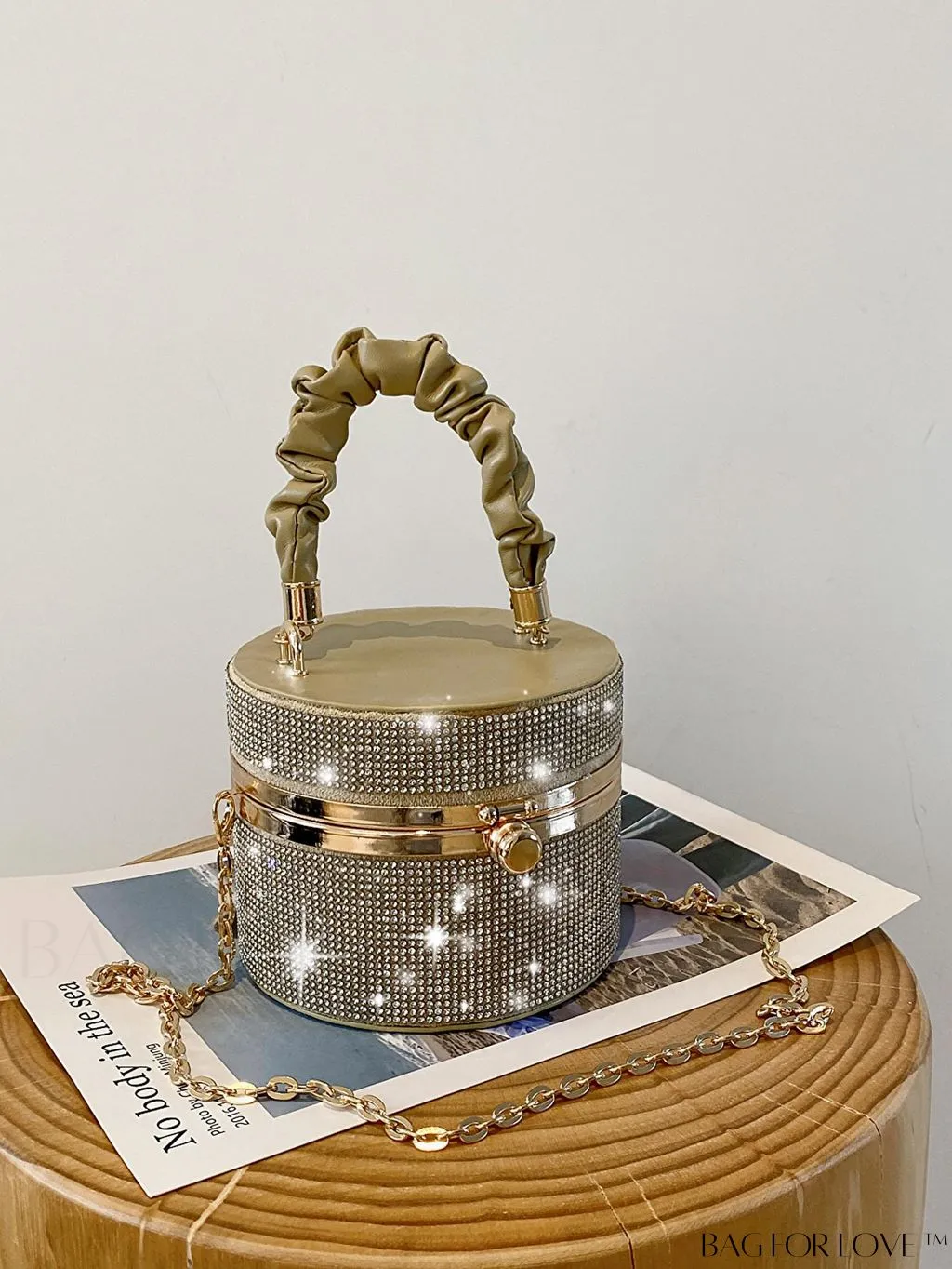 BagForLove - Chic Mini Rhinestone Embellished Bucket Bag - Stylish for Parties with Ruched Detail