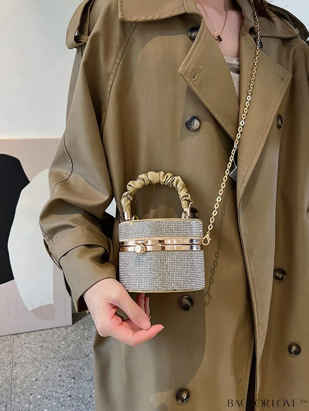BagForLove - Chic Mini Rhinestone Embellished Bucket Bag - Stylish for Parties with Ruched Detail