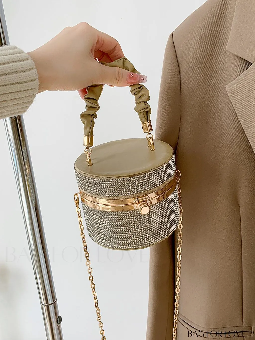 BagForLove - Chic Mini Rhinestone Embellished Bucket Bag - Stylish for Parties with Ruched Detail