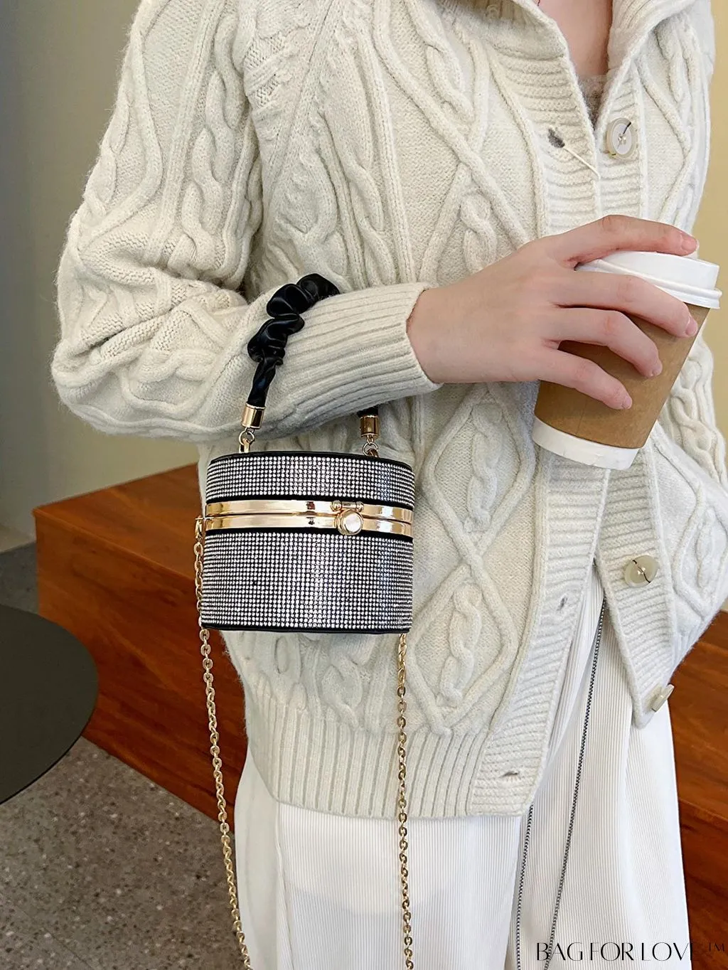 BagForLove - Chic Mini Rhinestone Embellished Bucket Bag - Stylish for Parties with Ruched Detail