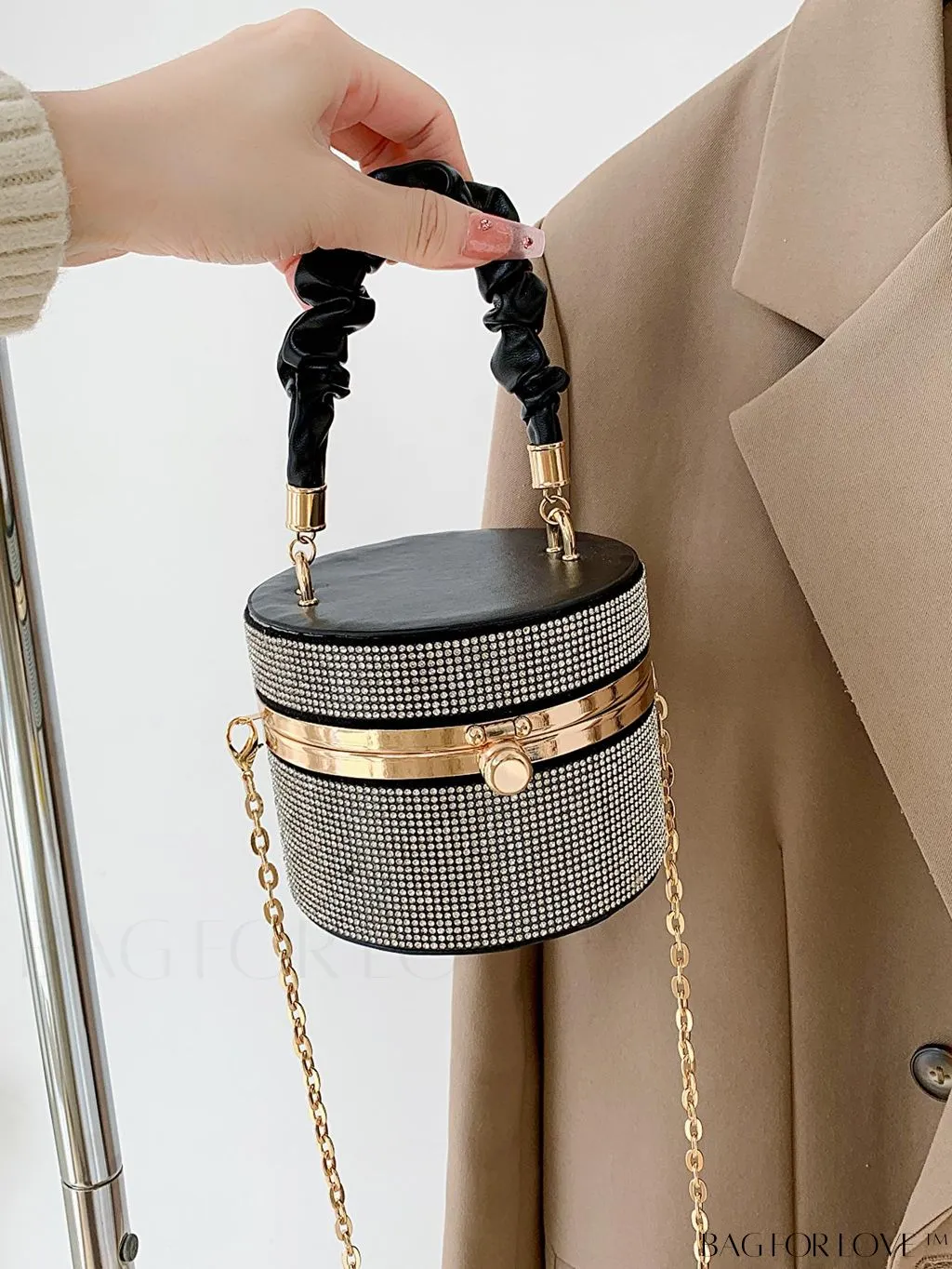 BagForLove - Chic Mini Rhinestone Embellished Bucket Bag - Stylish for Parties with Ruched Detail
