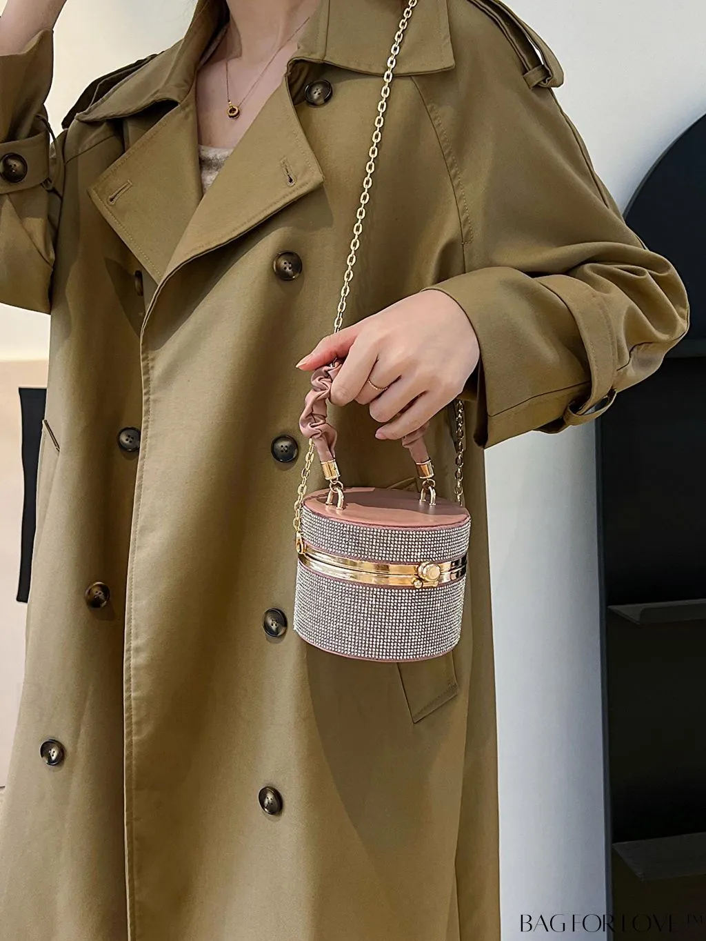BagForLove - Chic Mini Rhinestone Embellished Bucket Bag - Stylish for Parties with Ruched Detail