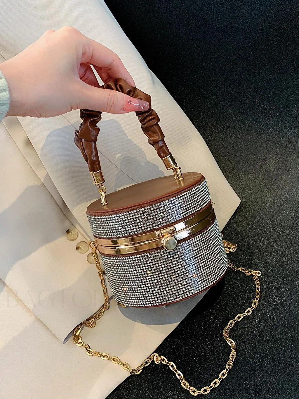 BagForLove - Chic Mini Rhinestone Embellished Bucket Bag - Stylish for Parties with Ruched Detail