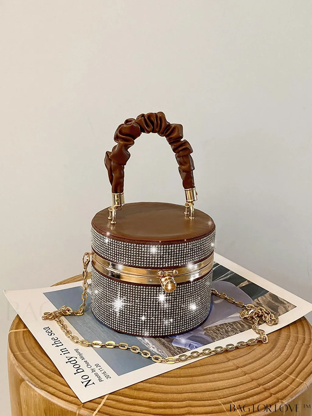 BagForLove - Chic Mini Rhinestone Embellished Bucket Bag - Stylish for Parties with Ruched Detail