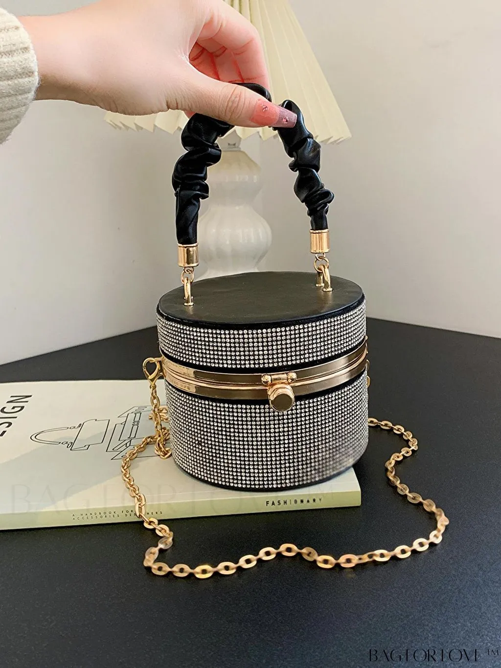 BagForLove - Chic Mini Rhinestone Embellished Bucket Bag - Stylish for Parties with Ruched Detail
