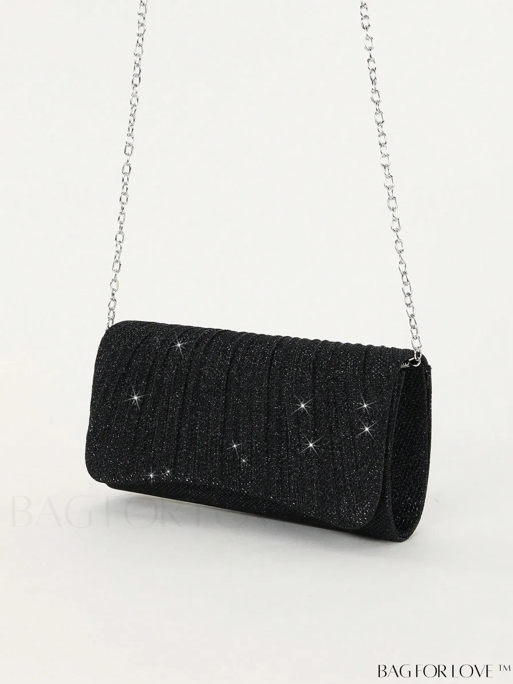 BagForLove - Chic Pleated Flap Envelope Bag with Chain Strap - Mini Sparkling Glitter Design